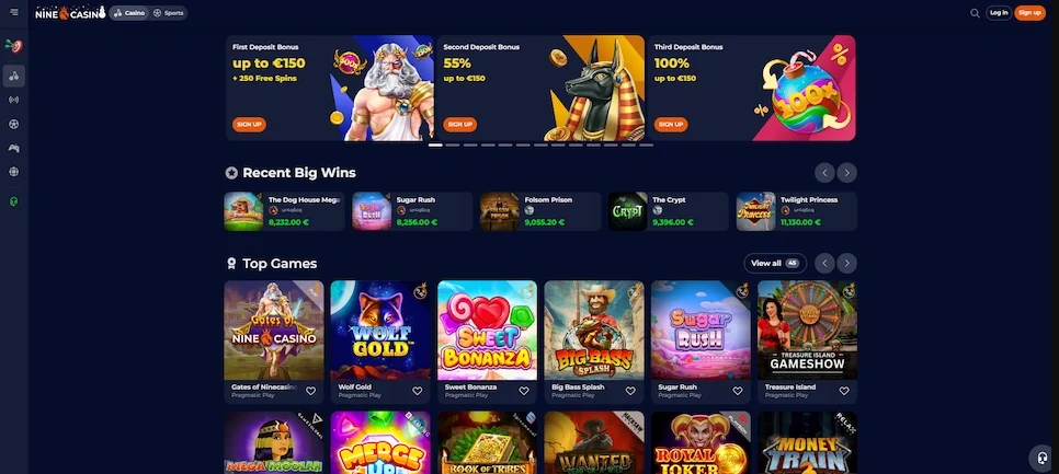 Screenshot des offiziellen NineCasino Spielebereichs