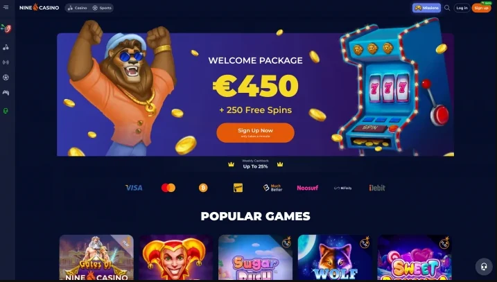 Screenshot der offiziellen NineCasino Startseite