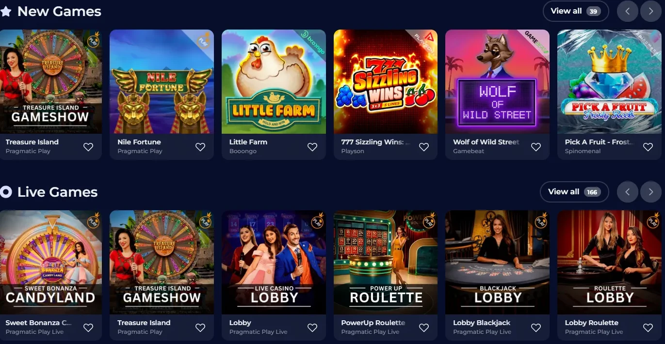 Screenshot des offiziellen NineCasino Live Casino Bereichs